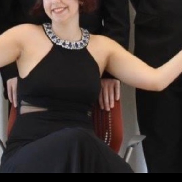 Beautiful black floor length gown with jeweled neckline and cut out sides - Picture 5 of 12